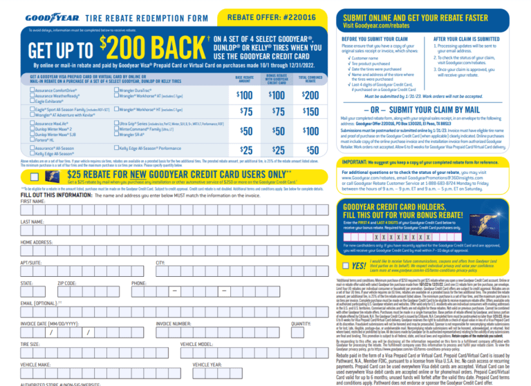 Goodyear Rebate Form December 2022 As Text Printable Rebate Form