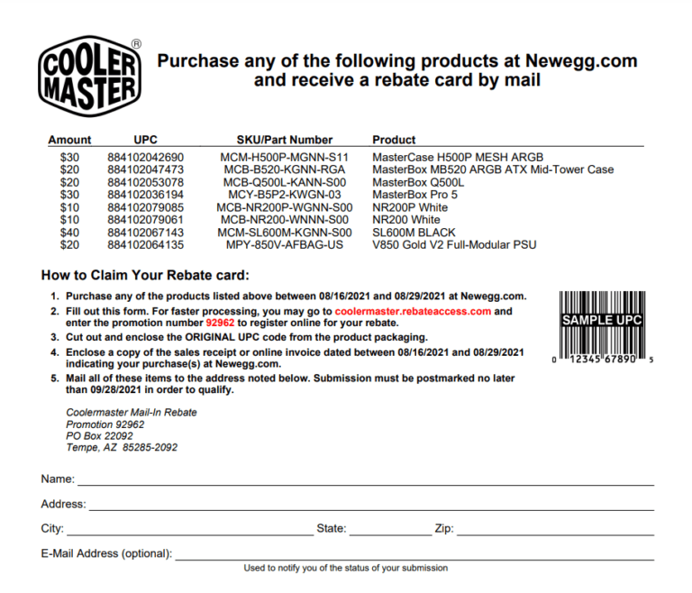 Coolermaster rebateaccess Printable Rebate Form