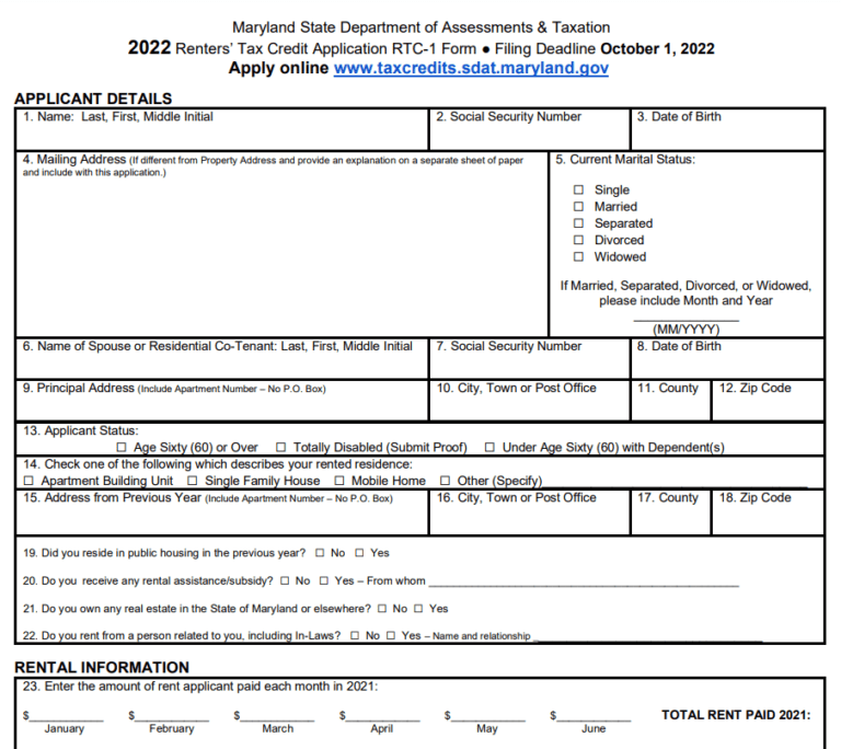 Maryland Renters Rebate 2023 Printable Rebate Form