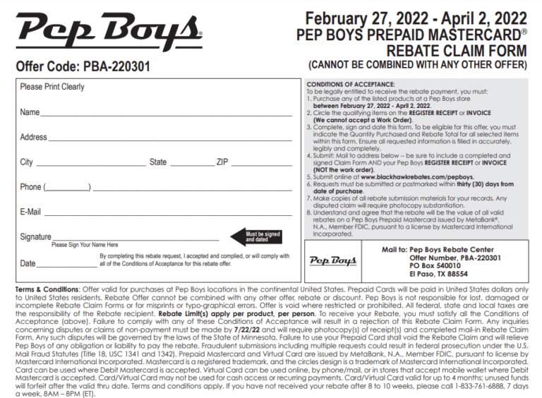 Pepboys Rebate Forms Tracking Printable Rebate Form