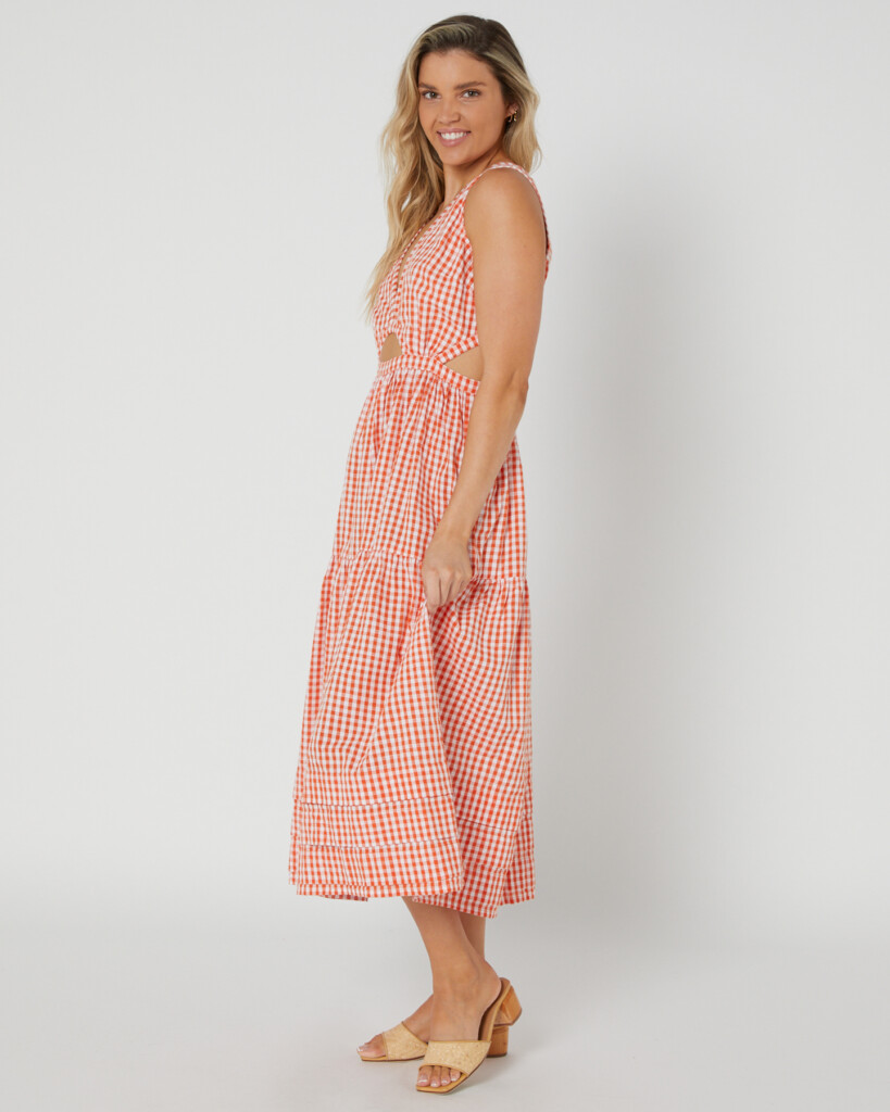 Rue Stiic Kamila Midi Dress Fire Orange Check SurfStitch